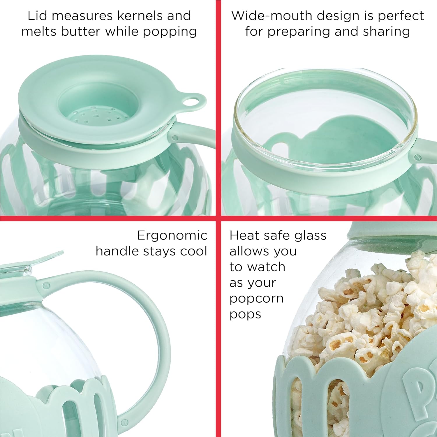 Ecolution Patented Micro-Pop Microwave Popcorn Popper with Temperature Safe Glass, 3-in-1 Lid Measures Kernels and Melts Butter, Made Without BPA, Dishwasher Safe, 3-Quart, Aqua 3-Quart Family Size Aqua
