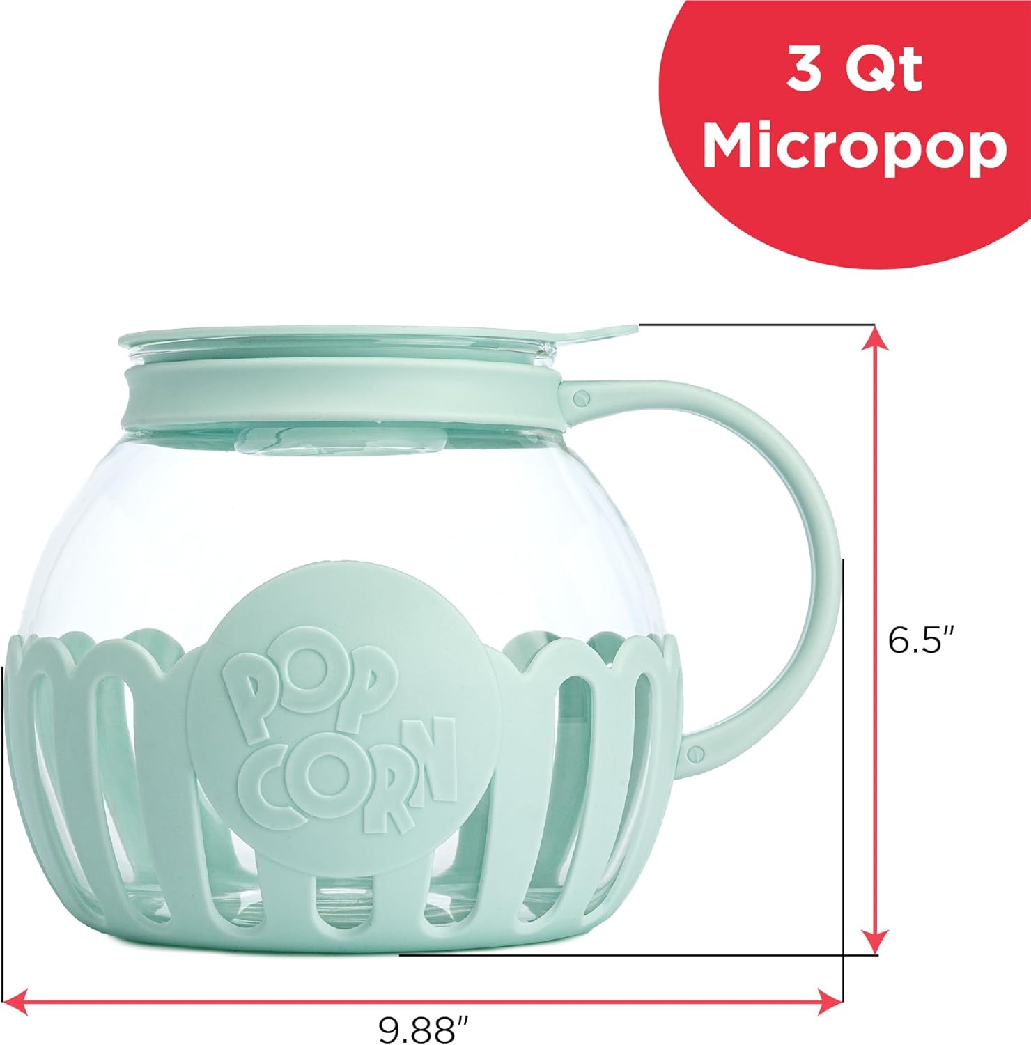 Ecolution Patented Micro-Pop Microwave Popcorn Popper with Temperature Safe Glass, 3-in-1 Lid Measures Kernels and Melts Butter, Made Without BPA, Dishwasher Safe, 3-Quart, Aqua 3-Quart Family Size Aqua
