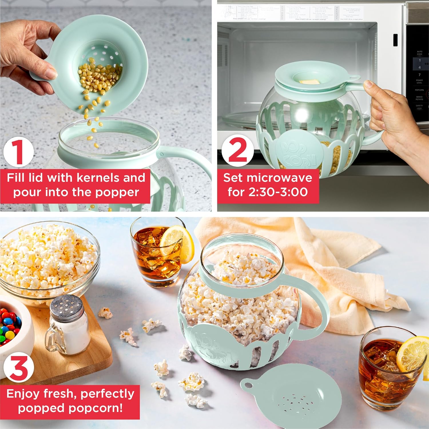 Ecolution Patented Micro-Pop Microwave Popcorn Popper with Temperature Safe Glass, 3-in-1 Lid Measures Kernels and Melts Butter, Made Without BPA, Dishwasher Safe, 3-Quart, Aqua 3-Quart Family Size Aqua