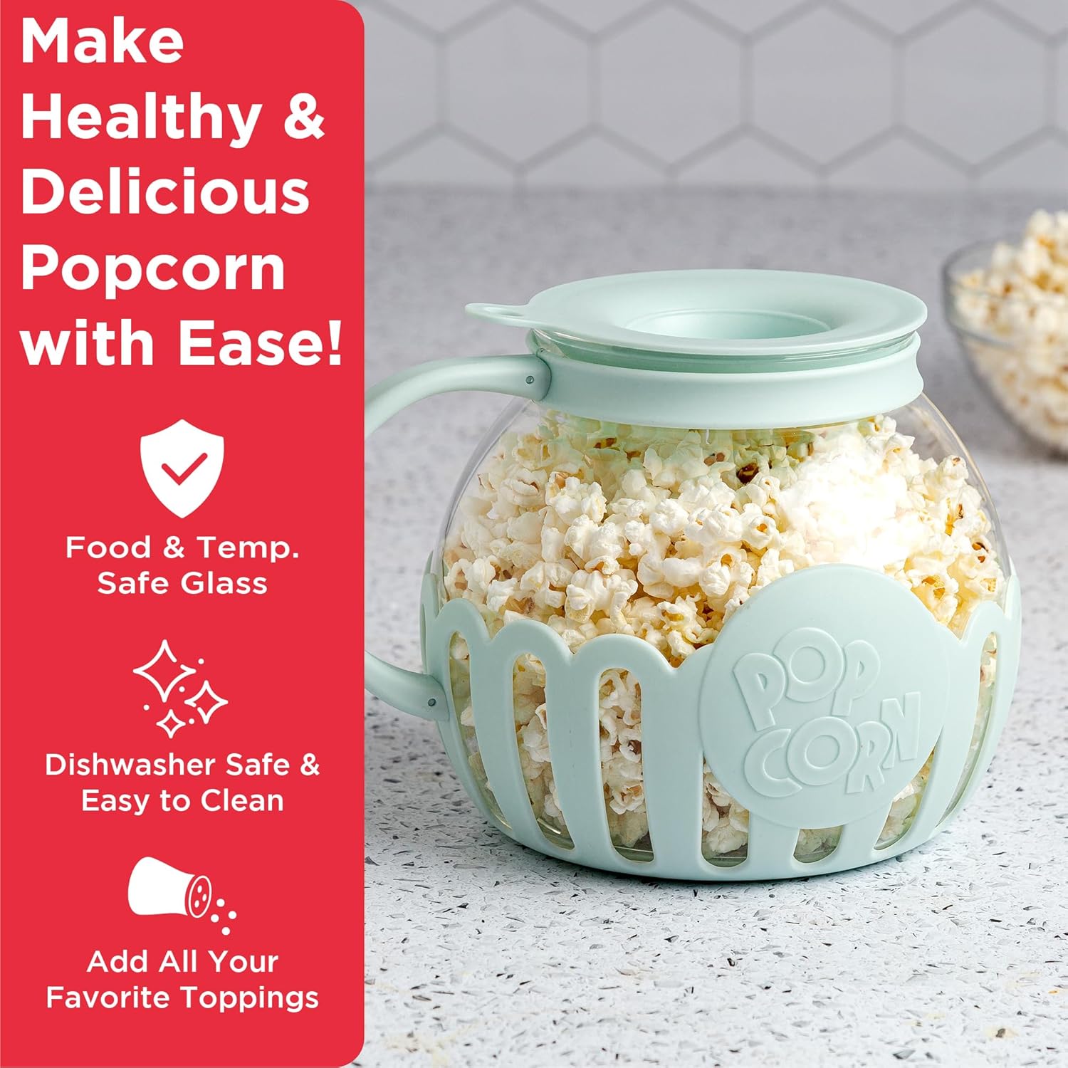 Ecolution Patented Micro-Pop Microwave Popcorn Popper with Temperature Safe Glass, 3-in-1 Lid Measures Kernels and Melts Butter, Made Without BPA, Dishwasher Safe, 3-Quart, Aqua 3-Quart Family Size Aqua
