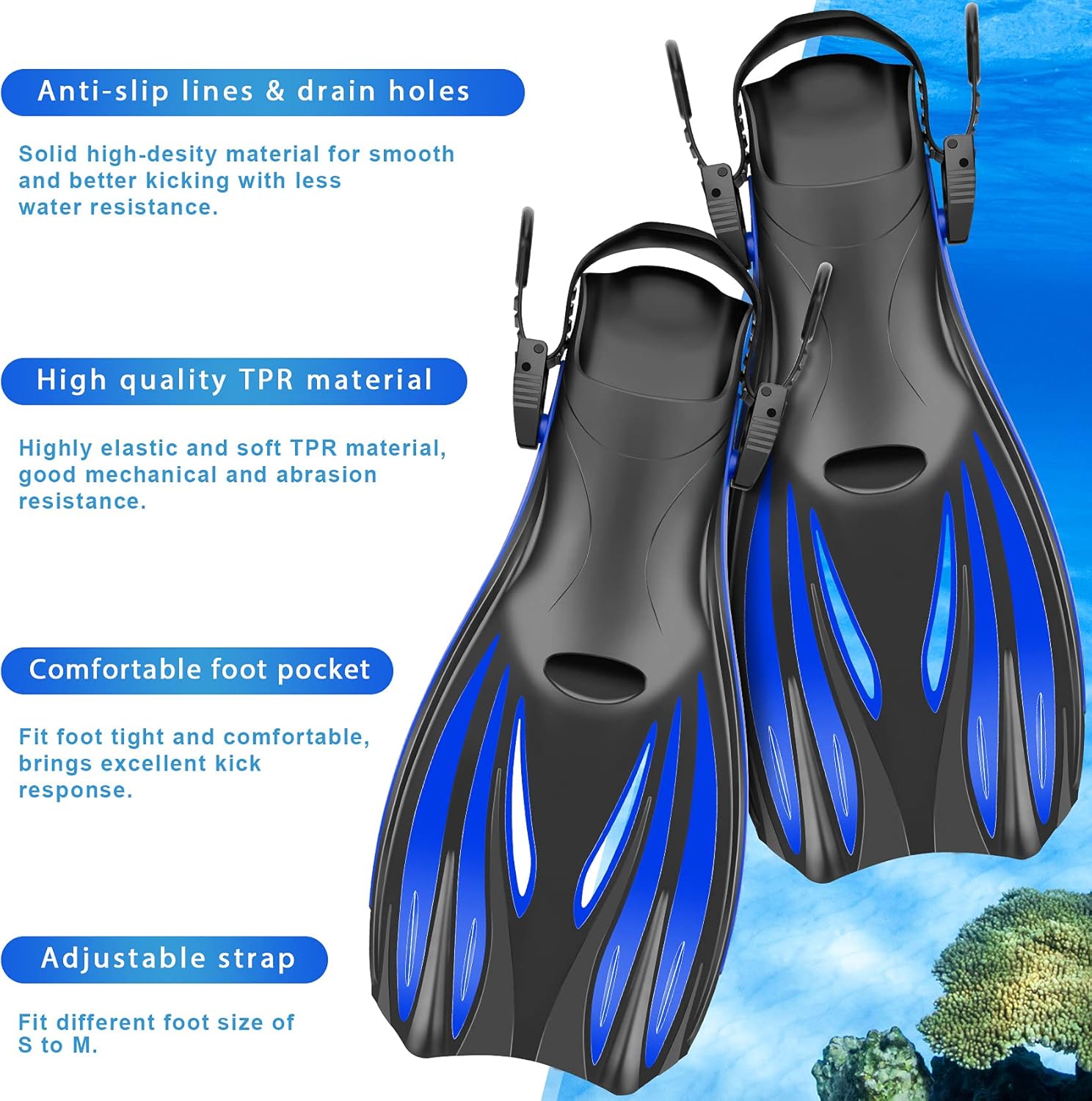 Snorkeling Gear for Adults Kids - Mask Fins Snorkel Set with Panoramic View Snorkel Mask Anti-Fog Anti-Leak, Dry Top Snorkel, Dive Flippers and Gear Bag, Snorkeling Diving Safety Gear Blue L Flipper