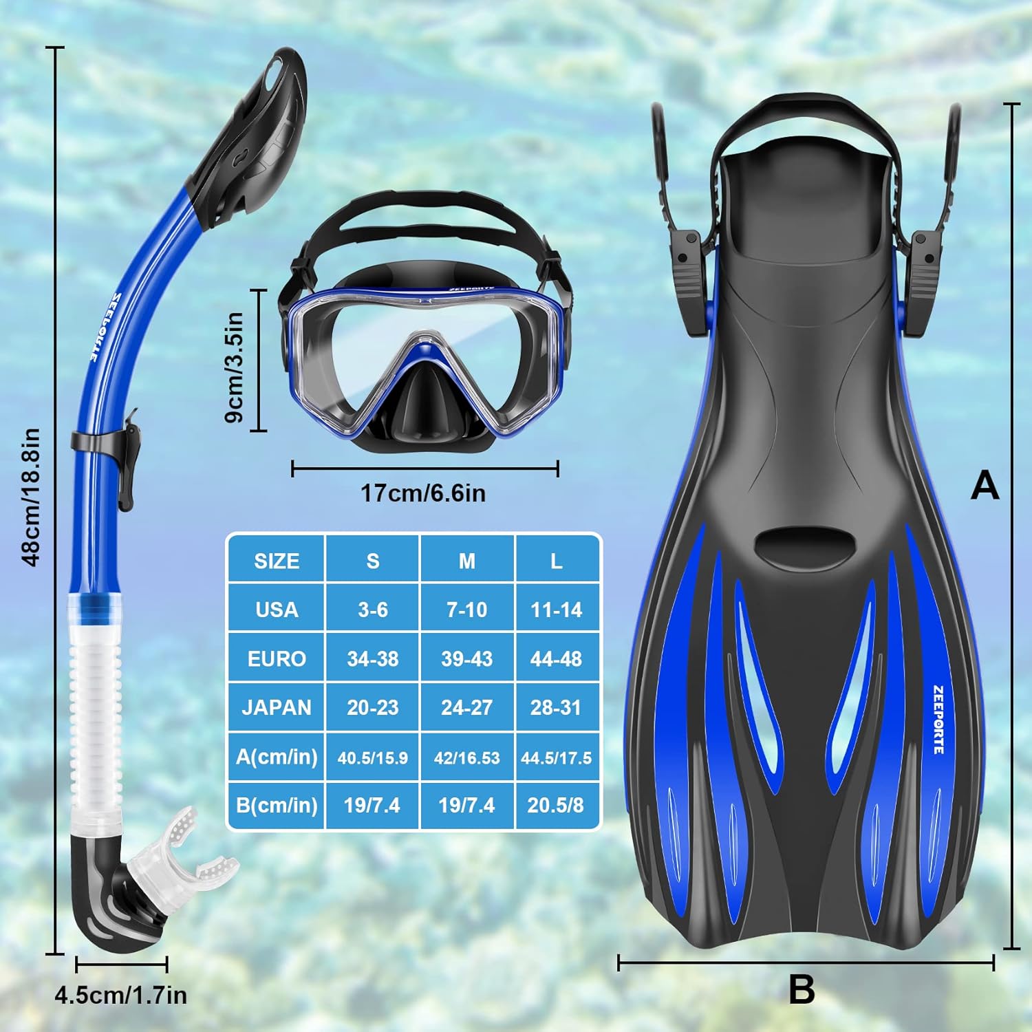 Snorkeling Gear for Adults Kids - Mask Fins Snorkel Set with Panoramic View Snorkel Mask Anti-Fog Anti-Leak, Dry Top Snorkel, Dive Flippers and Gear Bag, Snorkeling Diving Safety Gear Blue L Flipper