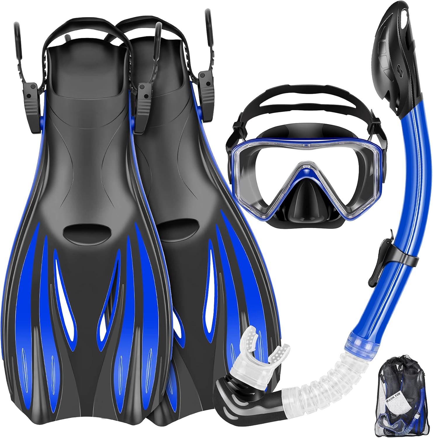 Snorkeling Gear for Adults Kids - Mask Fins Snorkel Set with Panoramic View Snorkel Mask Anti-Fog Anti-Leak, Dry Top Snorkel, Dive Flippers and Gear Bag, Snorkeling Diving Safety Gear Blue L Flipper