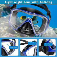 Snorkeling Gear for Adults Kids - Mask Fins Snorkel Set with Panoramic View Snorkel Mask Anti-Fog Anti-Leak, Dry Top Snorkel, Dive Flippers and Gear Bag, Snorkeling Diving Safety Gear Blue L Flipper