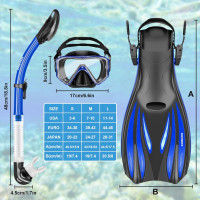 Snorkeling Gear for Adults Kids - Mask Fins Snorkel Set with Panoramic View Snorkel Mask Anti-Fog Anti-Leak, Dry Top Snorkel, Dive Flippers and Gear Bag, Snorkeling Diving Safety Gear Blue L Flipper