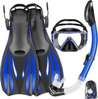Snorkeling Gear for Adults Kids - Mask Fins Snorkel Set with Panoramic View Snorkel Mask Anti-Fog Anti-Leak, Dry Top Snorkel, Dive Flippers and Gear Bag, Snorkeling Diving Safety Gear Blue L Flipper