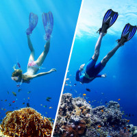 Snorkeling Gear for Adults Kids - Mask Fins Snorkel Set with Panoramic View Snorkel Mask Anti-Fog Anti-Leak, Dry Top Snorkel, Dive Flippers and Gear Bag, Snorkeling Diving Safety Gear Blue L Flipper