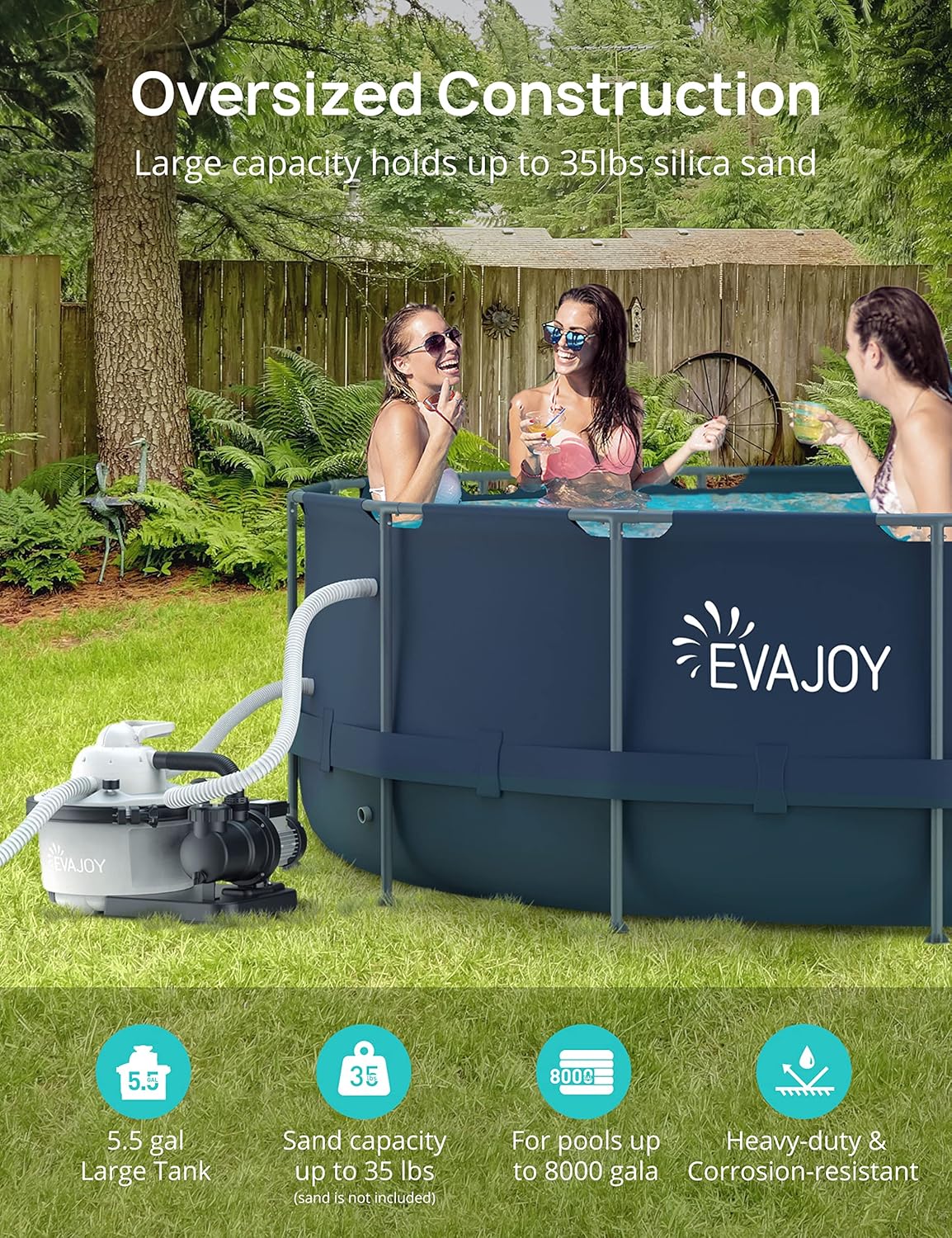 EVAJOY Sand Filter Pump, 2000GPH Swimming Pool Pump with 7-Way Valve, Dual Water Tanks, 25.9ft Power Cord for Easy Installation, Compatible with up to 8000 Gallon Above Ground Pools