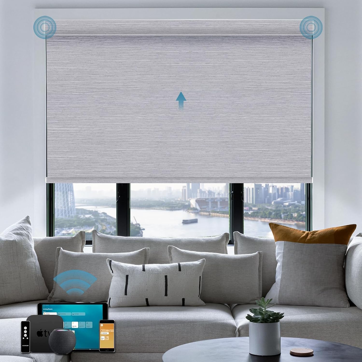 Motorized Roller Shade,100% Blackout Smart Window Blinds Work with Homekit, Alexa, Google Home,Remote,Electric Blinds with USB/Solar Pannel Charging,Classic Grey