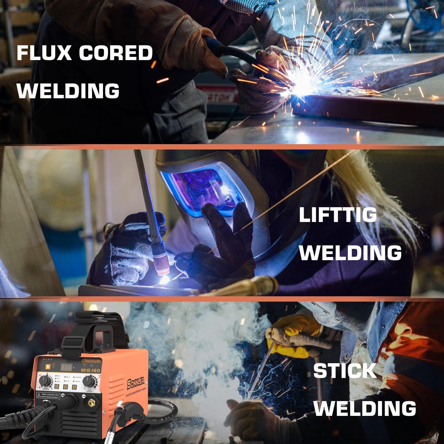 160A MIG Welder, 3 in1 Flux Core MIG/Stick/Lift TIG welding machine, 110/220V Gasless Portable IGBT Inverter Welder with Synergy, Equipment with Welding Gun And 2lb Welding Wire