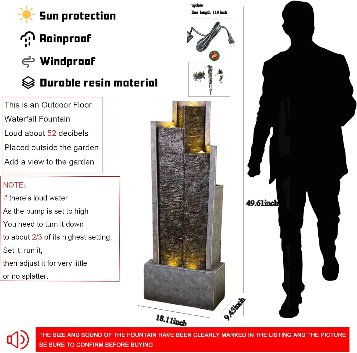 SERBILHOME 49.61 ”H Indoor Water Fountains Outdoor Waterfall Tall Floor with Led Lights and Pump Contemporary Curves Fountain for Office,House, Garden, Patio Home Art Decor