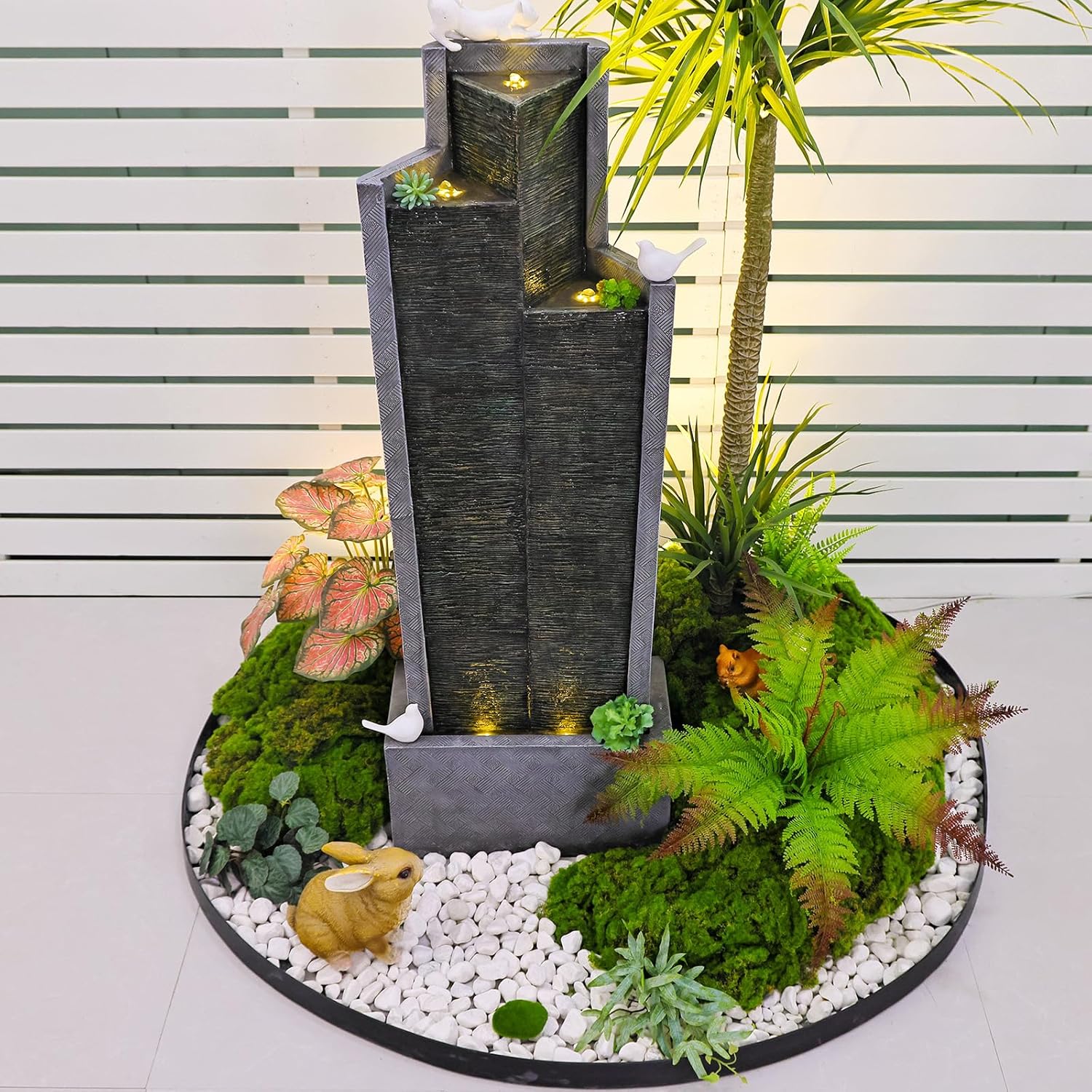 SERBILHOME 49.61 ”H Indoor Water Fountains Outdoor Waterfall Tall Floor with Led Lights and Pump Contemporary Curves Fountain for Office,House, Garden, Patio Home Art Decor