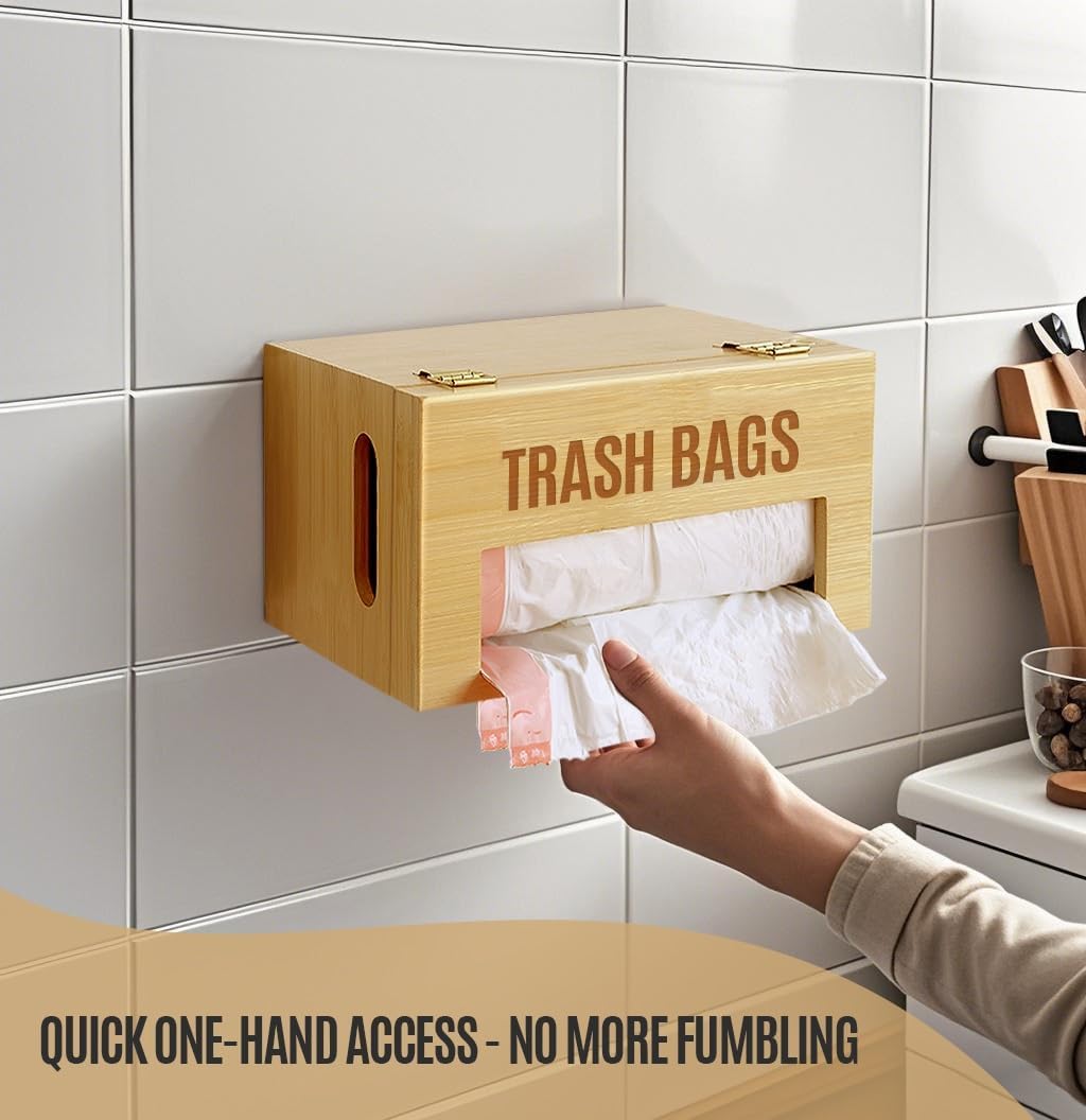 Bamboo Garbage Bag Holder - Multi-Mount Space-Saving Trash Bag Organizer for Kitchen, Garage, Pantry - Holds 8-33 Gallon Rolls & 50+ Grocery Bags, Under-Sink/Wall/Cabinet Storage