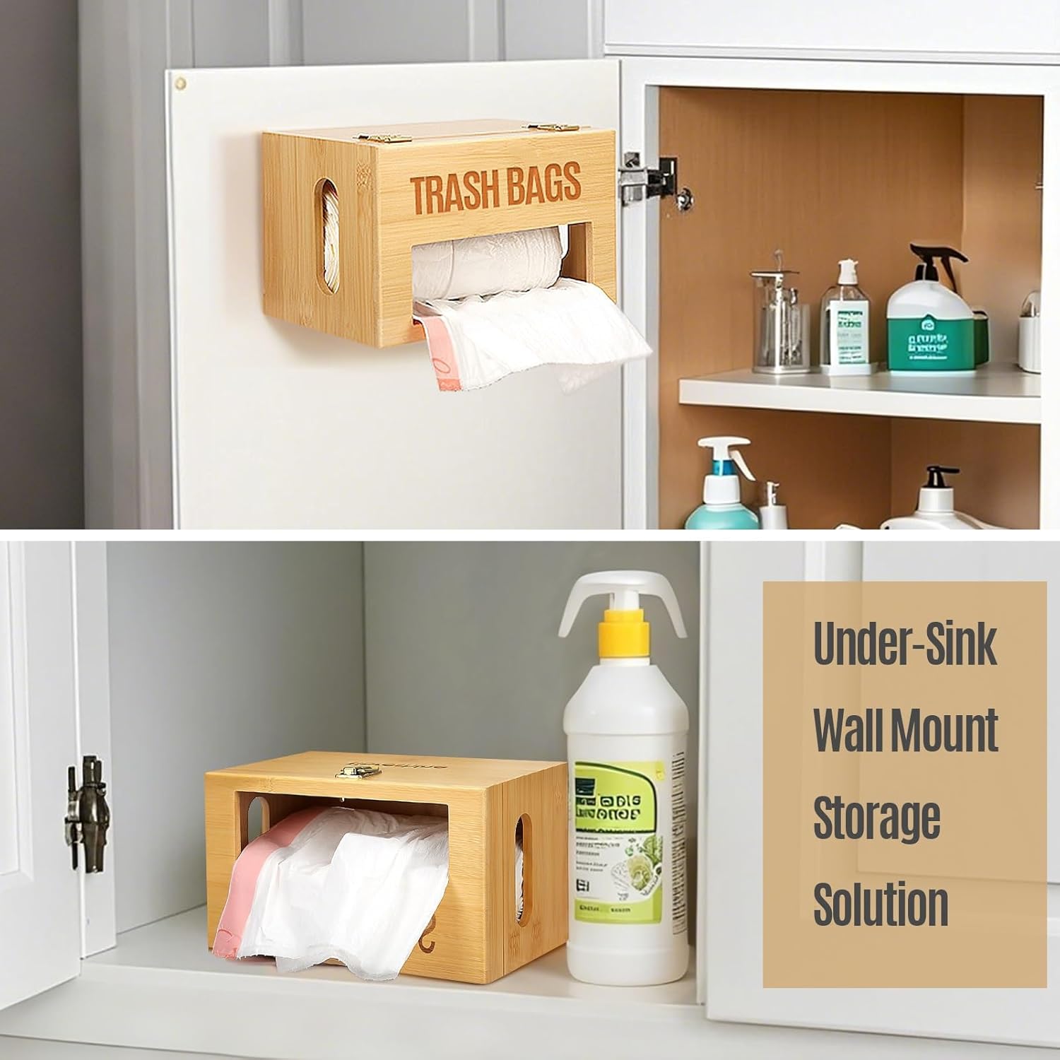 Bamboo Garbage Bag Holder - Multi-Mount Space-Saving Trash Bag Organizer for Kitchen, Garage, Pantry - Holds 8-33 Gallon Rolls & 50+ Grocery Bags, Under-Sink/Wall/Cabinet Storage