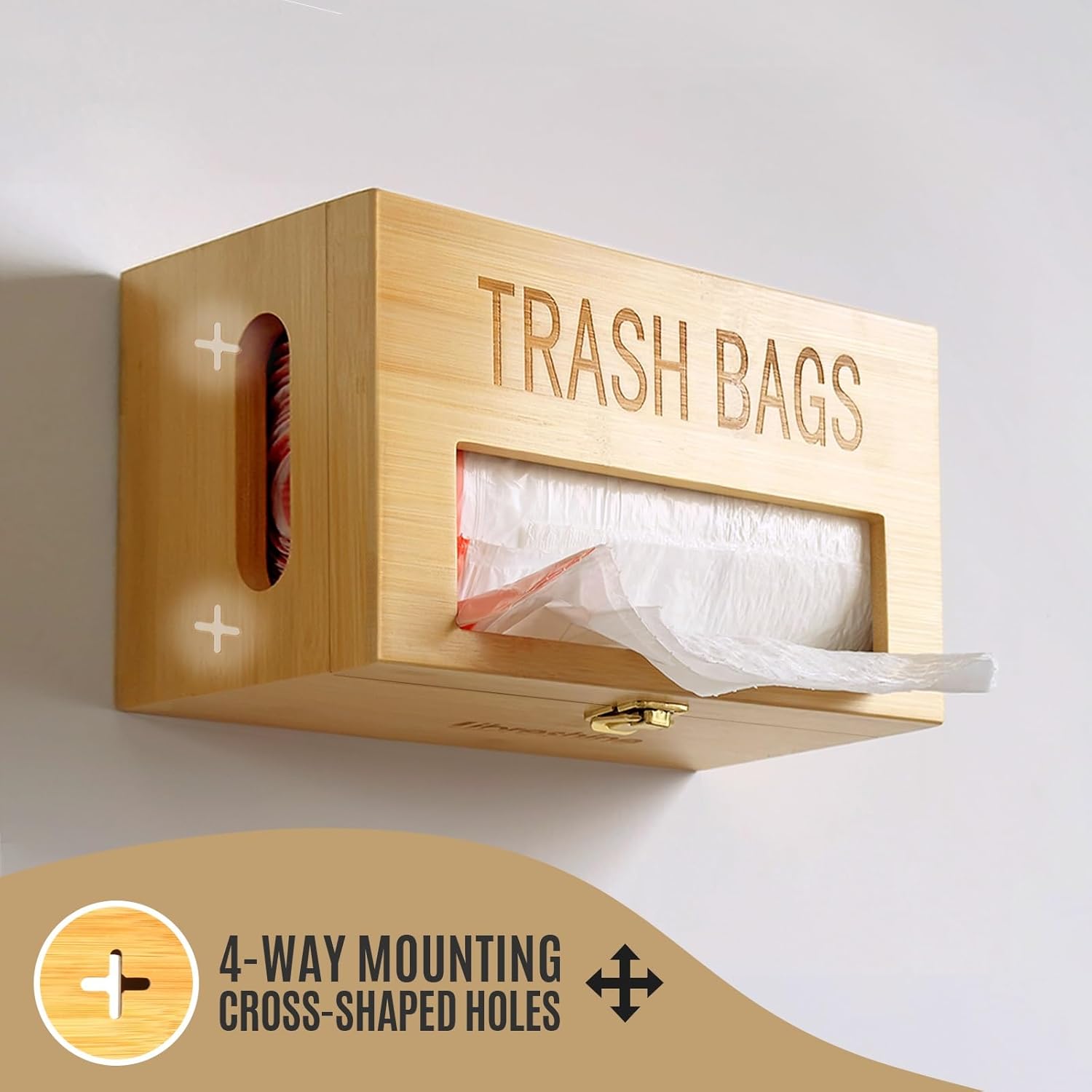 Bamboo Garbage Bag Holder - Multi-Mount Space-Saving Trash Bag Organizer for Kitchen, Garage, Pantry - Holds 8-33 Gallon Rolls & 50+ Grocery Bags, Under-Sink/Wall/Cabinet Storage
