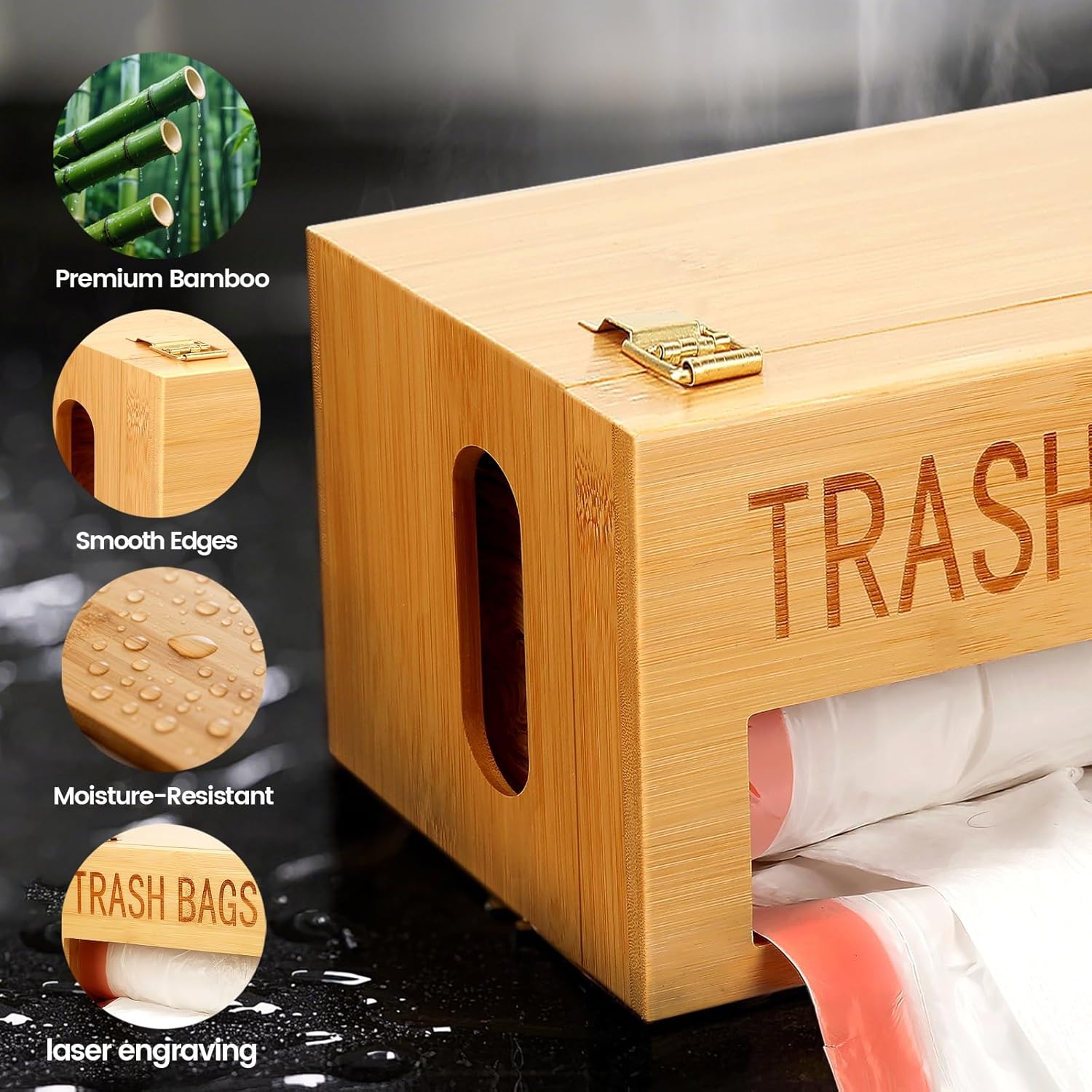 Bamboo Garbage Bag Holder - Multi-Mount Space-Saving Trash Bag Organizer for Kitchen, Garage, Pantry - Holds 8-33 Gallon Rolls & 50+ Grocery Bags, Under-Sink/Wall/Cabinet Storage
