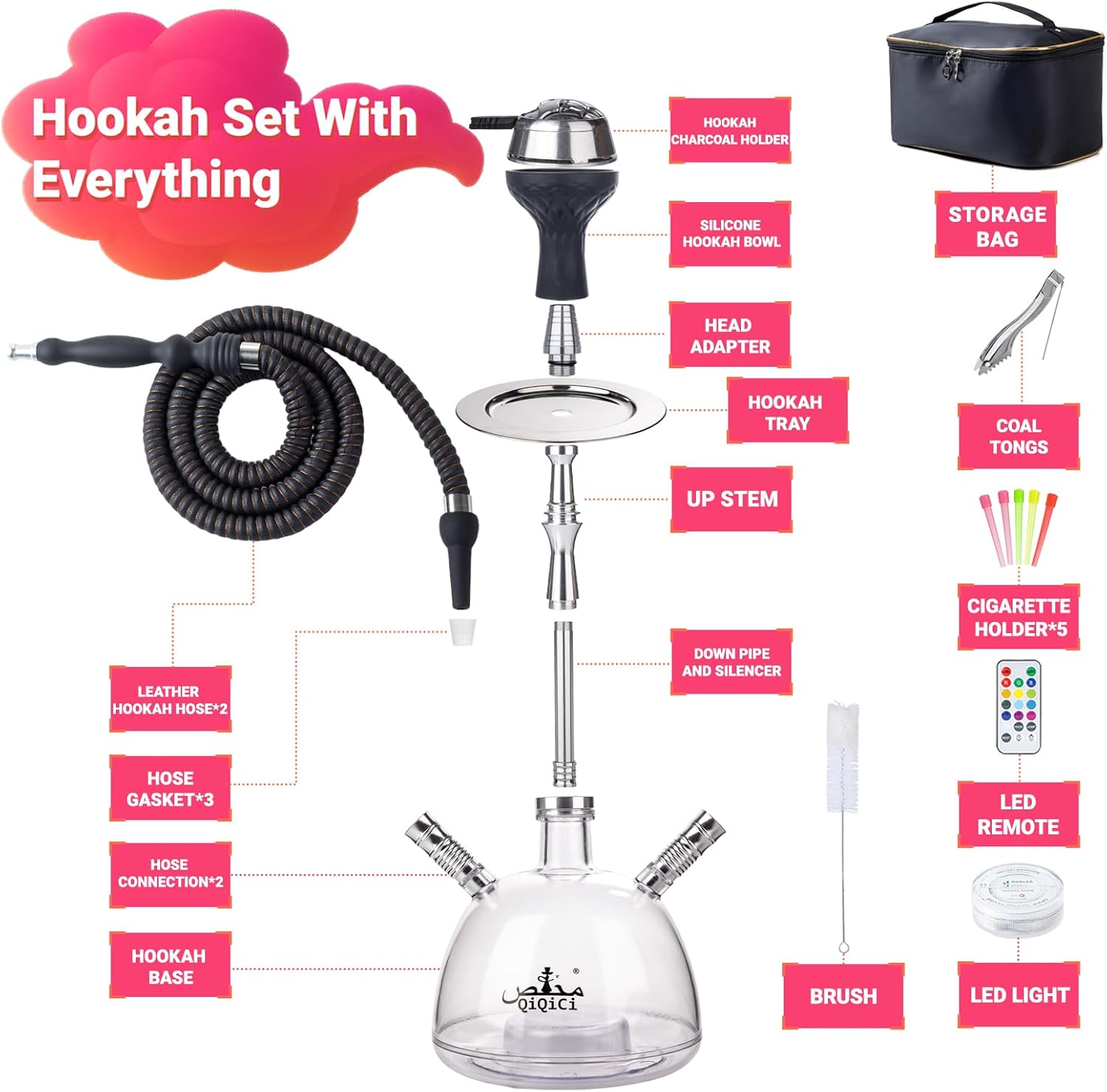 Modern 2 Hose Acrylic Bubble Hookah – Complete Shisha Hookah Set, Magical Remote LED Lights, and Travel Case for an Enhanced Experience Non