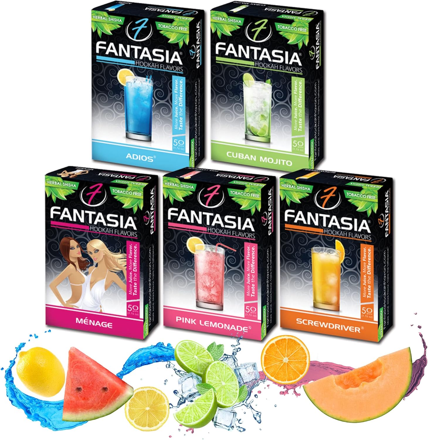 Fantasia Hookah Flavors Bundle – Tobacco Free & Nicotine Free Shisha Adios, Mojito, Menage, Pink Lemonade, Screwdriver – Long-Lasting, Smooth Taste, 50-Gram Packs (Pack of 5) CITRUS (5-Count)