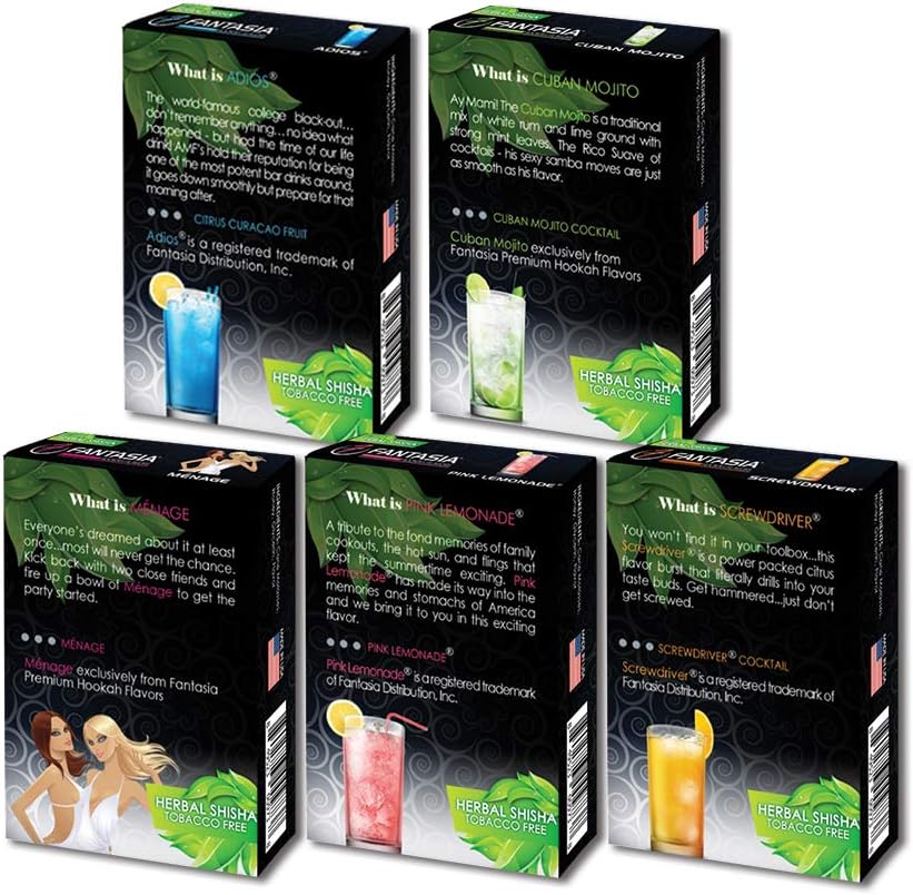 Fantasia Hookah Flavors Bundle – Tobacco Free & Nicotine Free Shisha Adios, Mojito, Menage, Pink Lemonade, Screwdriver – Long-Lasting, Smooth Taste, 50-Gram Packs (Pack of 5) CITRUS (5-Count)