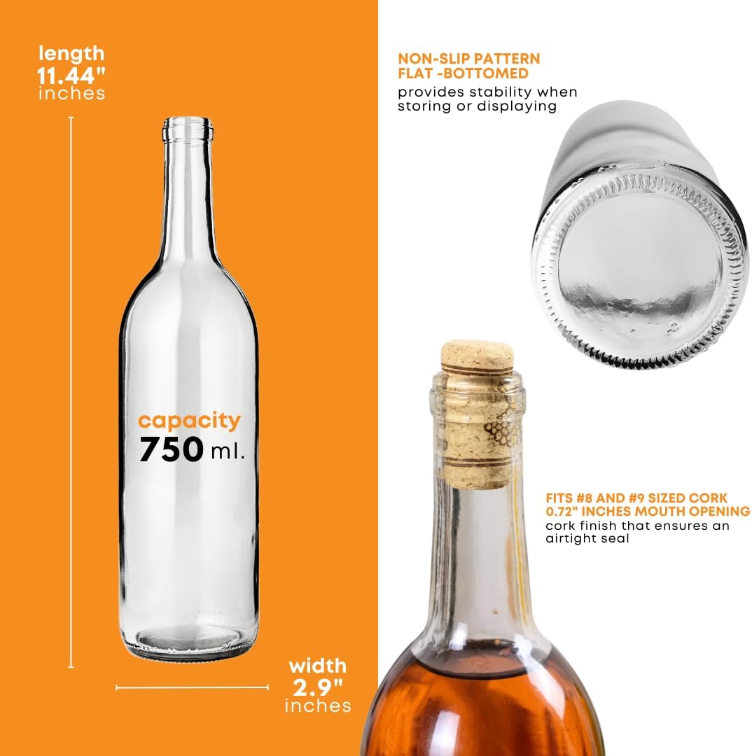 FastRack - 750ml Clear Wine Bottles (Pack of 12) | W5 Bordeaux Liquor Bottles | 750 ml Empty Bottle for Drinks, 12 per Case - NO CORKS INCLUDED