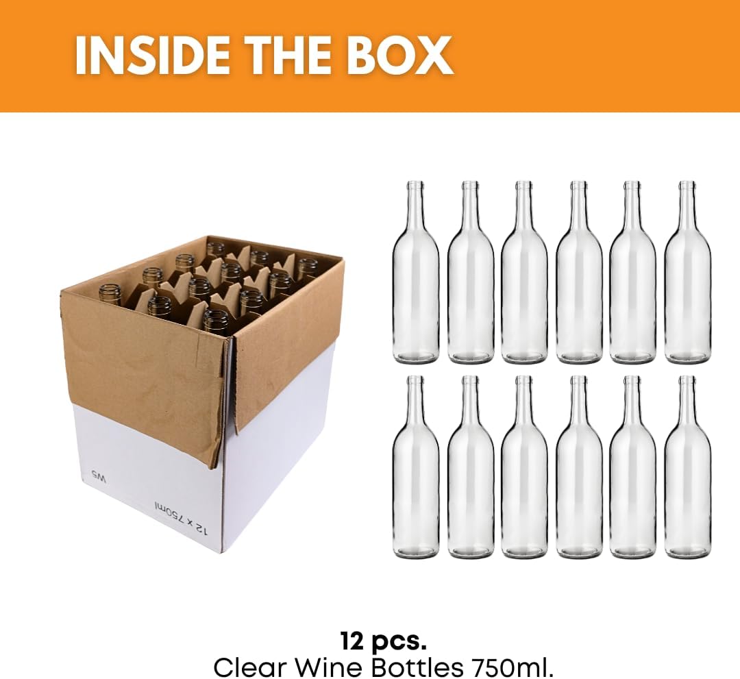 FastRack - 750ml Clear Wine Bottles (Pack of 12) | W5 Bordeaux Liquor Bottles | 750 ml Empty Bottle for Drinks, 12 per Case - NO CORKS INCLUDED