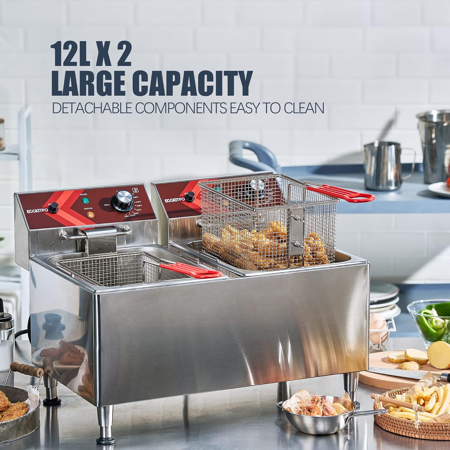 Deep fryers Commercial Deep Fryer 12L x 2 Large Dual Tank Electric Countertop Fryer for Restaurant with 2 Frying Baskets and Lids, 1800W x 2, 120V 24L