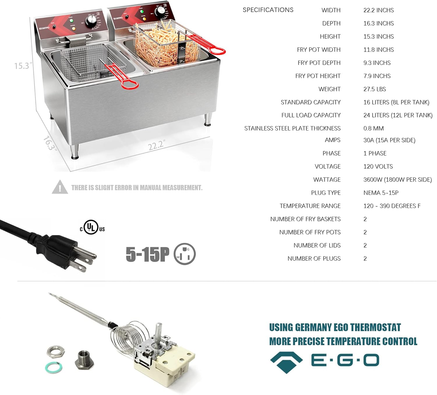 Deep fryers Commercial Deep Fryer 12L x 2 Large Dual Tank Electric Countertop Fryer for Restaurant with 2 Frying Baskets and Lids, 1800W x 2, 120V 24L
