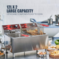 Deep fryers Commercial Deep Fryer 12L x 2 Large Dual Tank Electric Countertop Fryer for Restaurant with 2 Frying Baskets and Lids, 1800W x 2, 120V 24L