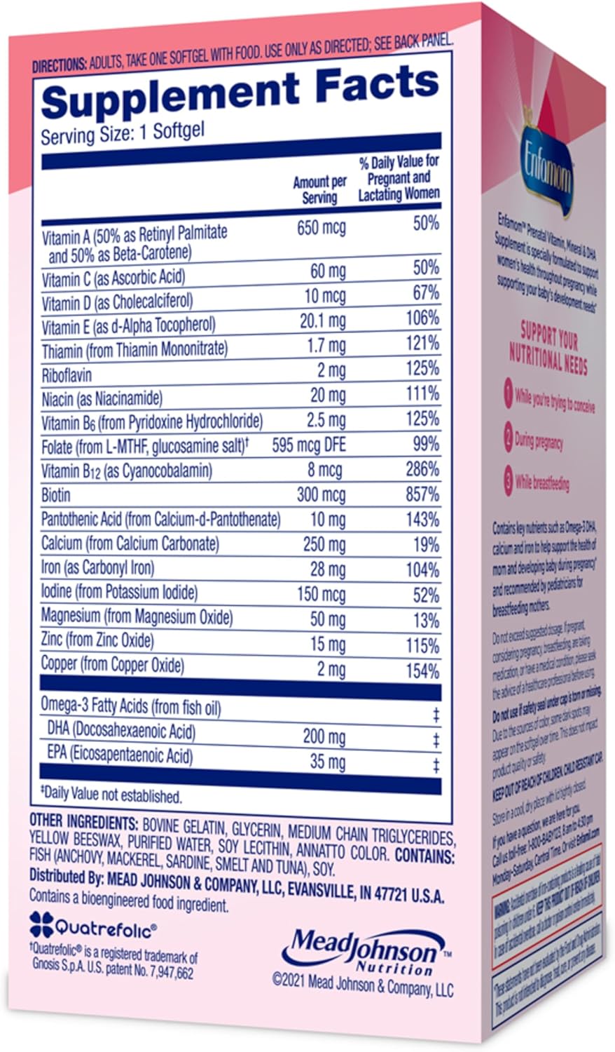 Enfamil Enfamom Prenatal Vitamin & Mineral, Supplement for Women with Calcium, Vitamin D, Vitamin C, Omega 3 DHA, 90 softgels (3 month supply) 90 count
