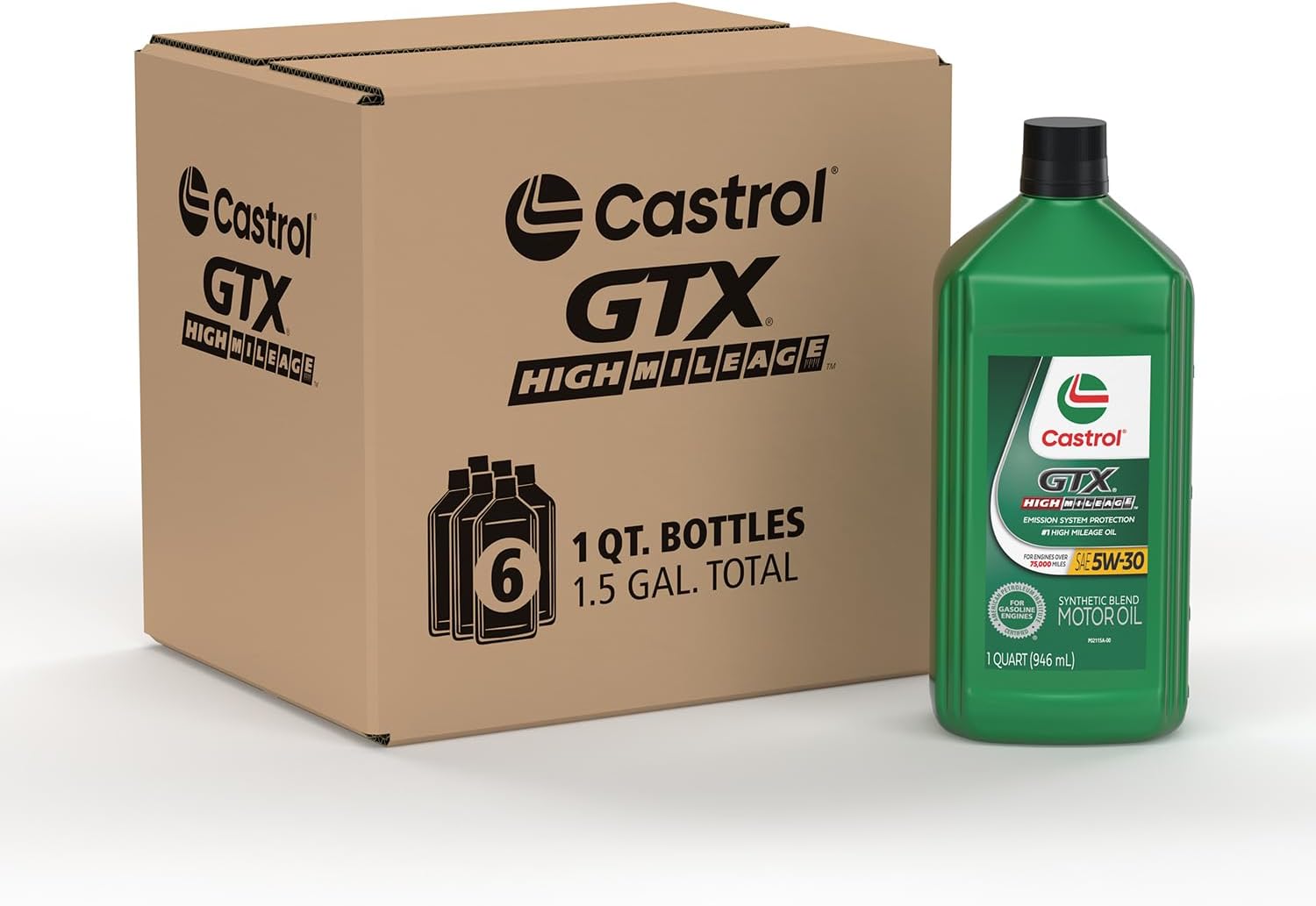 Castrol Gtx High Mileage 5W-30 Synthetic Blend Motor Oil, 1 Quart, Pack of 6