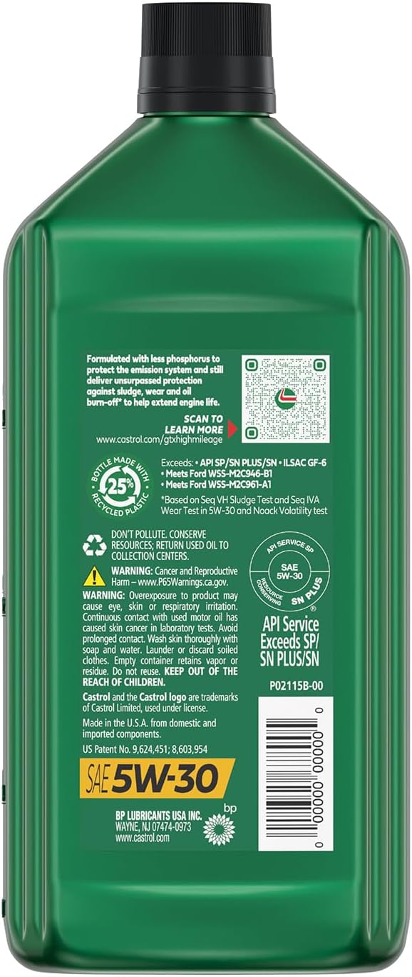 Castrol Gtx High Mileage 5W-30 Synthetic Blend Motor Oil, 1 Quart, Pack of 6