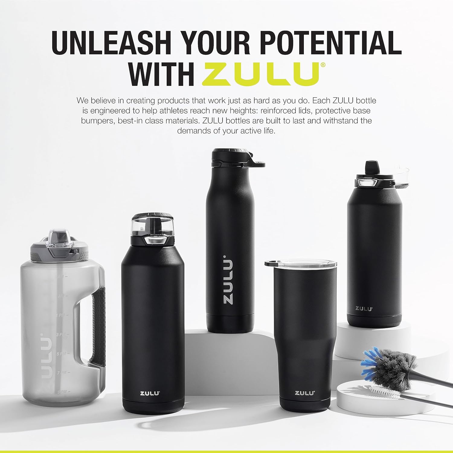 ZULU Goals Large Water Bottle Jug with Time Marker & Handle for All Day Hydration | Silicone Soft Straw with Locking Leak-Proof Lid | For Gym, Camping, Workout, and Outdoors | BPA-Free | 64oz, 128oz Grey 64oz