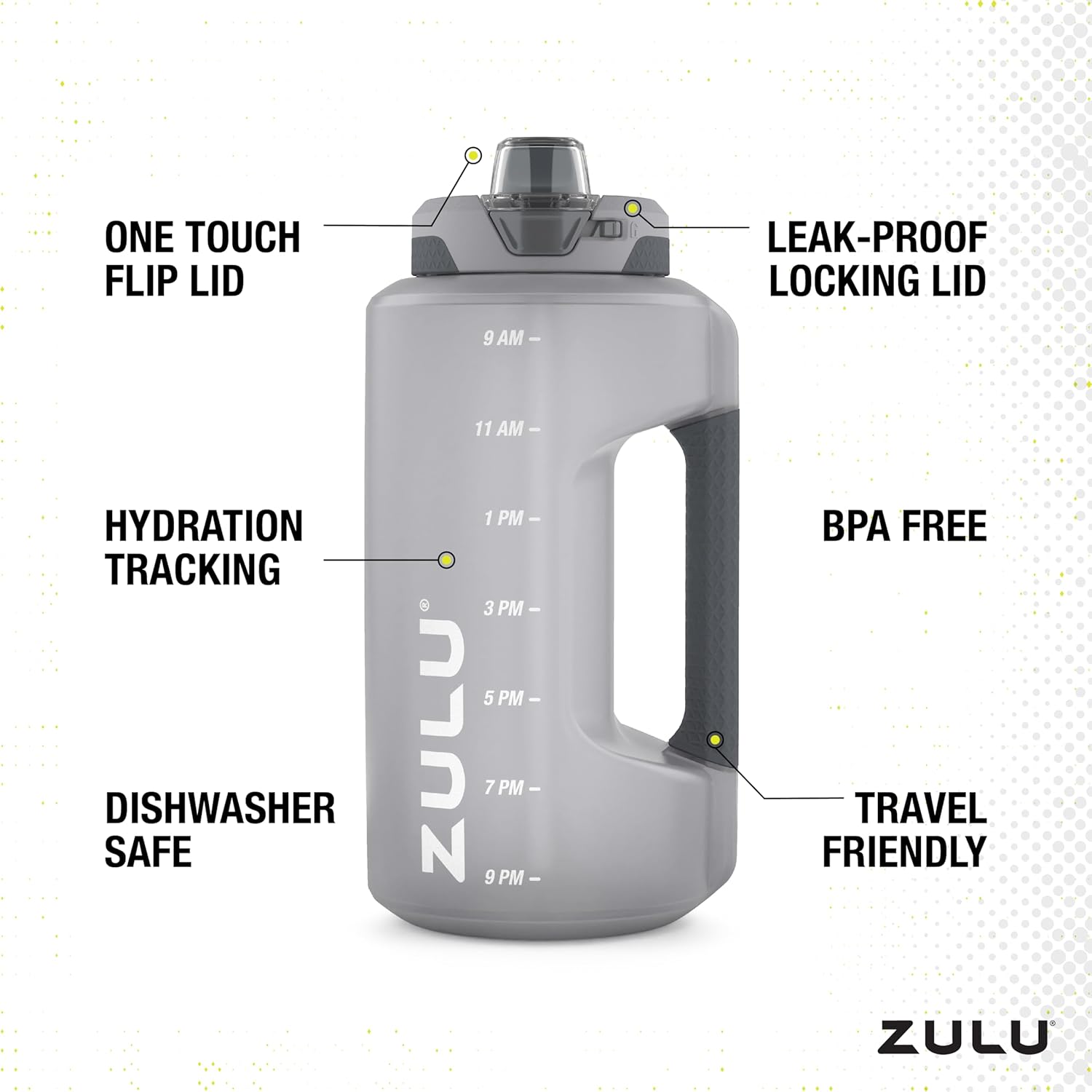 ZULU Goals Large Water Bottle Jug with Time Marker & Handle for All Day Hydration | Silicone Soft Straw with Locking Leak-Proof Lid | For Gym, Camping, Workout, and Outdoors | BPA-Free | 64oz, 128oz Grey 64oz