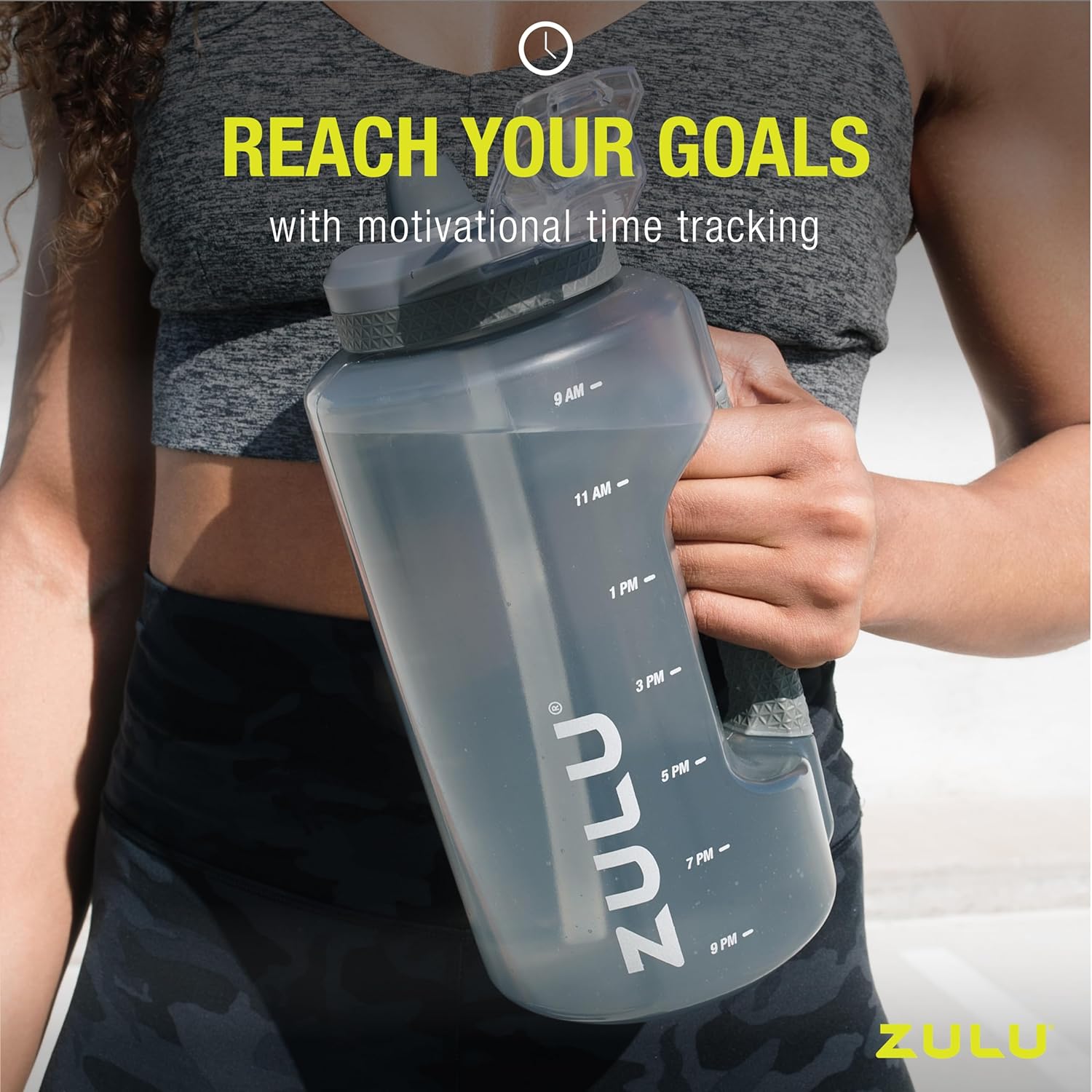 ZULU Goals Large Water Bottle Jug with Time Marker & Handle for All Day Hydration | Silicone Soft Straw with Locking Leak-Proof Lid | For Gym, Camping, Workout, and Outdoors | BPA-Free | 64oz, 128oz Grey 64oz