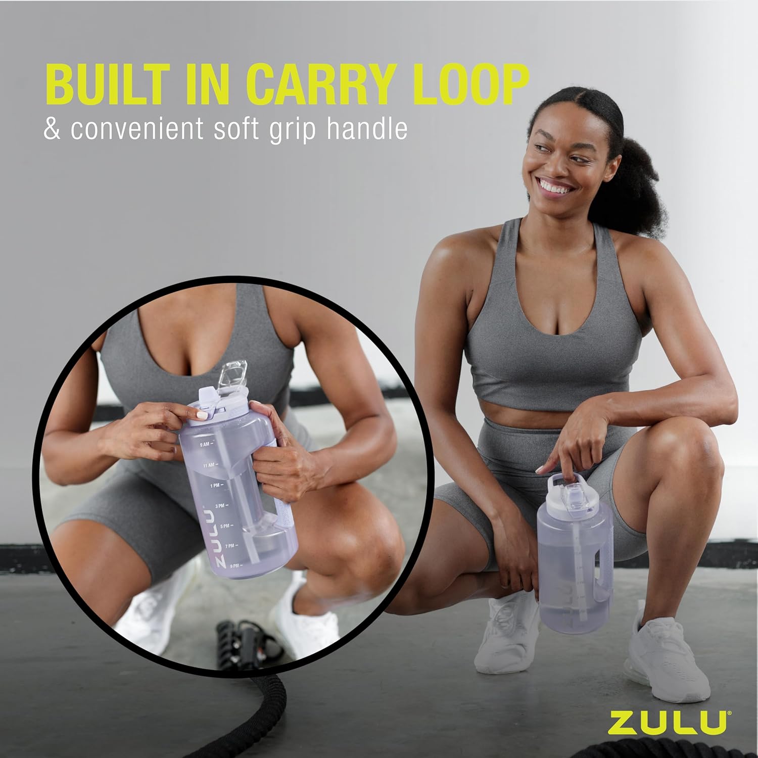 ZULU Goals Large Water Bottle Jug with Time Marker & Handle for All Day Hydration | Silicone Soft Straw with Locking Leak-Proof Lid | For Gym, Camping, Workout, and Outdoors | BPA-Free | 64oz, 128oz Grey 64oz