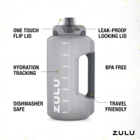 ZULU Goals Large Water Bottle Jug with Time Marker & Handle for All Day Hydration | Silicone Soft Straw with Locking Leak-Proof Lid | For Gym, Camping, Workout, and Outdoors | BPA-Free | 64oz, 128oz Grey 64oz