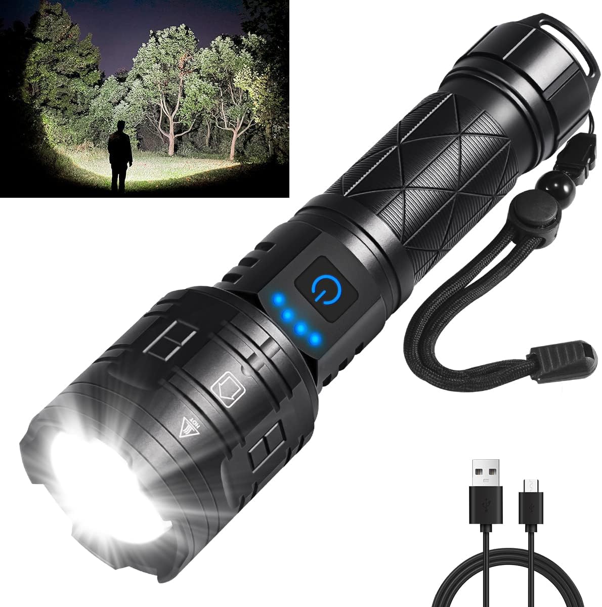 IkeeRuic Rechargeable Flashlights High Lumens, Powerful Tactical Flashlights, 5 Modes LED Flashlight Adjustable, Brightest Flashlight Waterproof, Handheld Flash Light for Emergencies, Camping, Hiking 1Pack