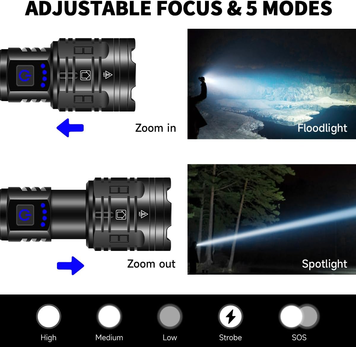 IkeeRuic Rechargeable Flashlights High Lumens, Powerful Tactical Flashlights, 5 Modes LED Flashlight Adjustable, Brightest Flashlight Waterproof, Handheld Flash Light for Emergencies, Camping, Hiking