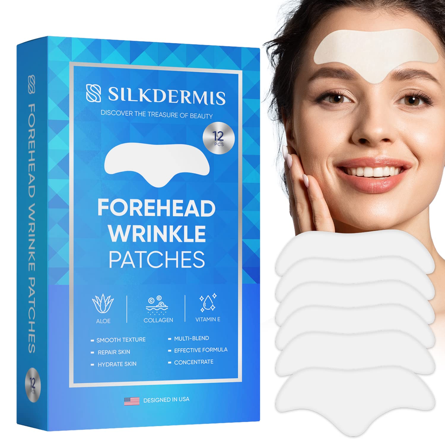Forehead Wrinkle Patches 12Pcs with Aloe, Collagen, Vitamin E, Anti Wrinkle Patches, Forehead Wrinkles Treatment Blue(12 Forehead)