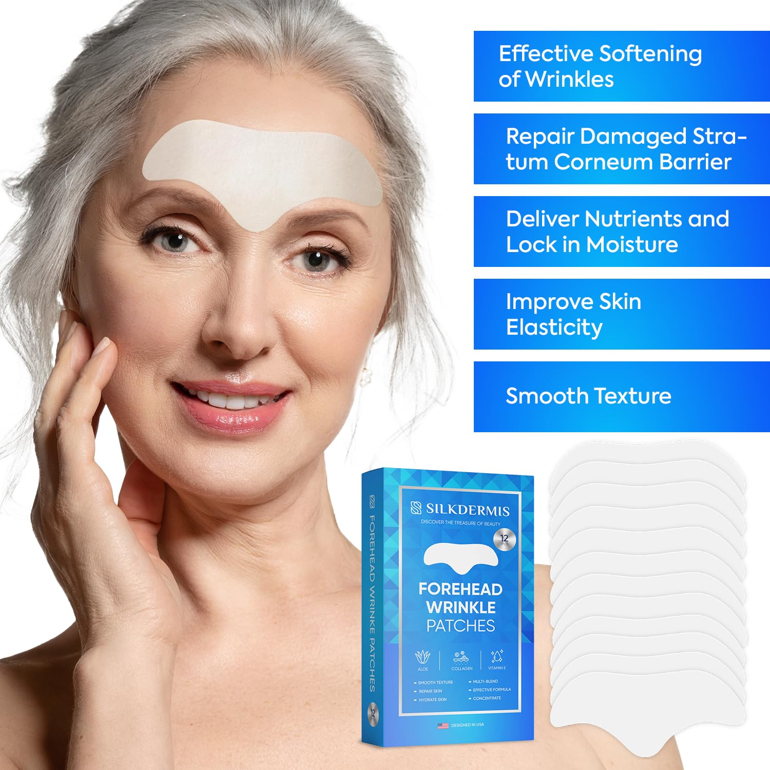 Forehead Wrinkle Patches 12Pcs with Aloe, Collagen, Vitamin E, Anti Wrinkle Patches, Forehead Wrinkles Treatment Blue(12 Forehead)