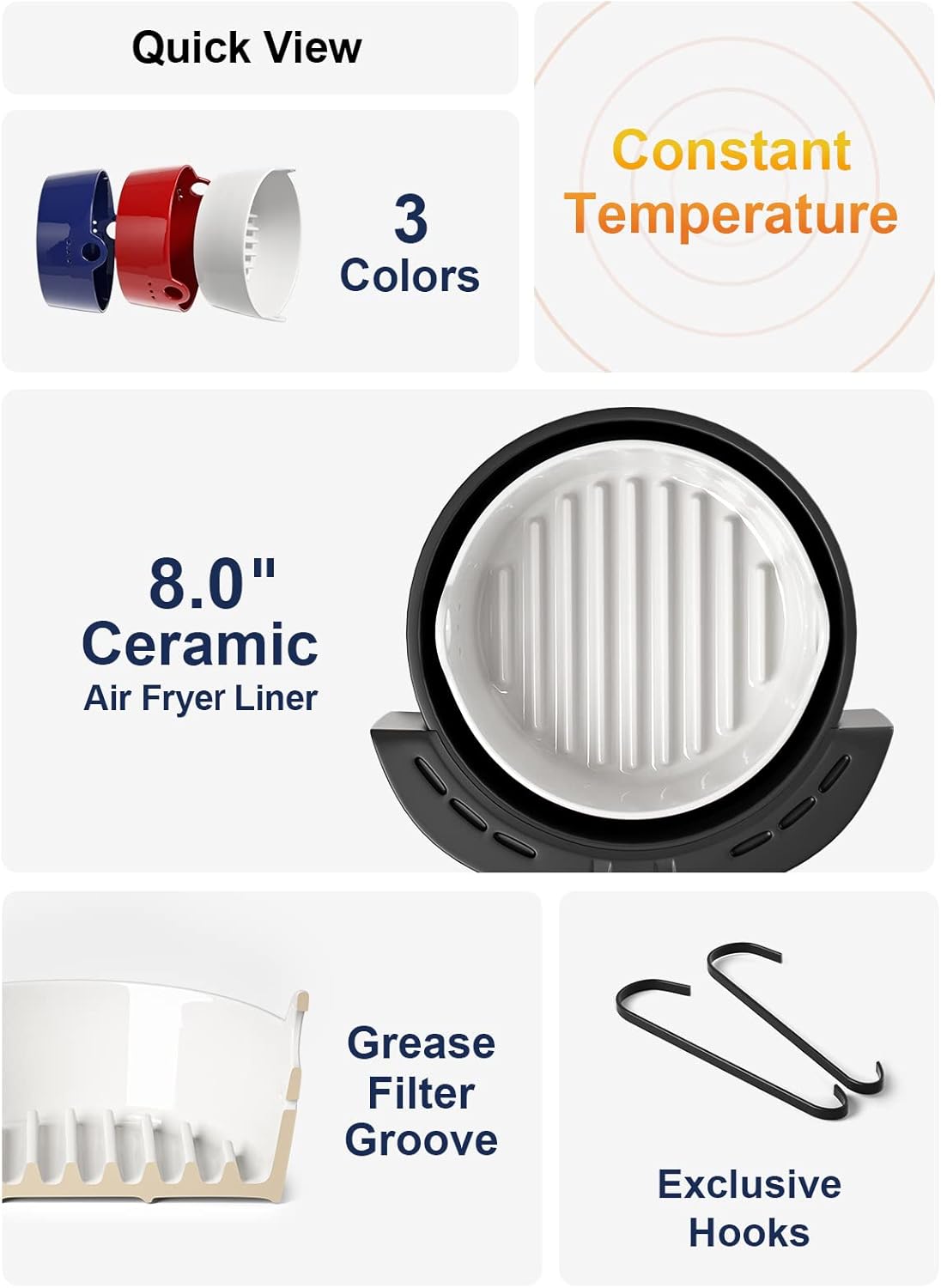LE TAUCI Reusable Air Fryer Liners, Easy Clean Ceramic, Non-stick Round Liners for Air Fryer Basket, White (7.5 Inch)
