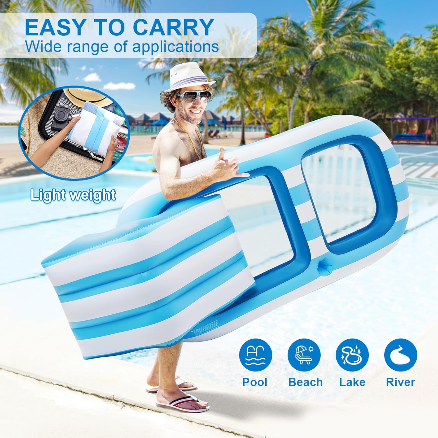Pool Floats Adult Size, Inflatable Rafts Pool Lounger with Headrest & Cup Holder, Large Pool Floaties for Adult Heavy Duty Swimming Pool, Beach & Lake Sunbathing-Large