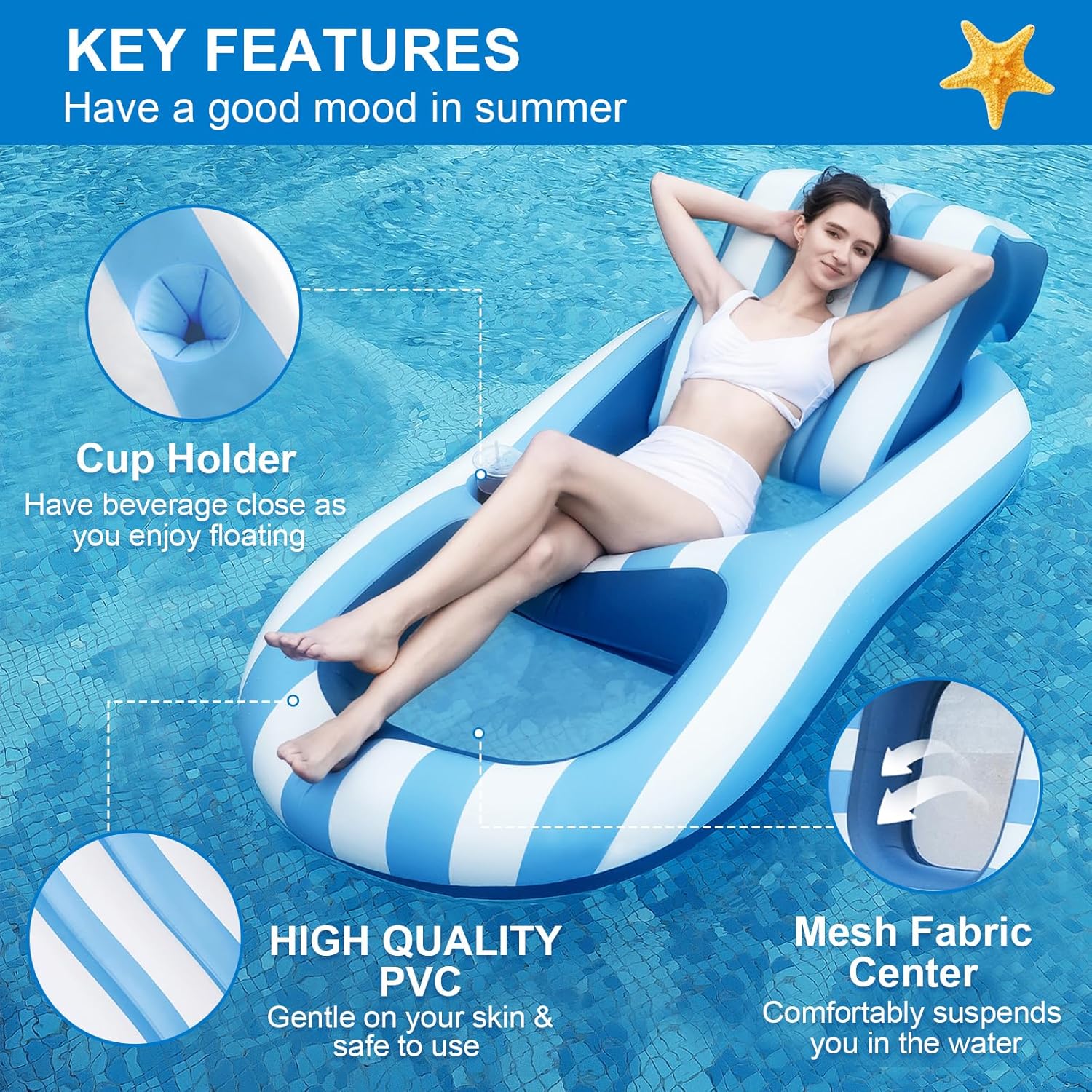 Pool Floats Adult Size, Inflatable Rafts Pool Lounger with Headrest & Cup Holder, Large Pool Floaties for Adult Heavy Duty Swimming Pool, Beach & Lake Sunbathing-Large