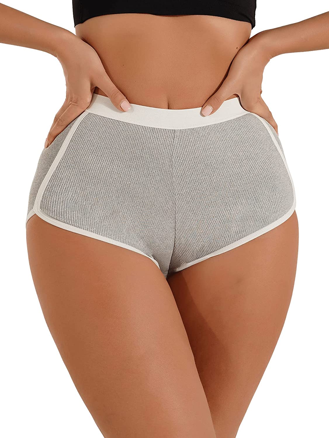 SHENHE Women's High Waisted Ribbed Boyshorts Underwear Booty Slip Biker Shorts Medium Light Grey