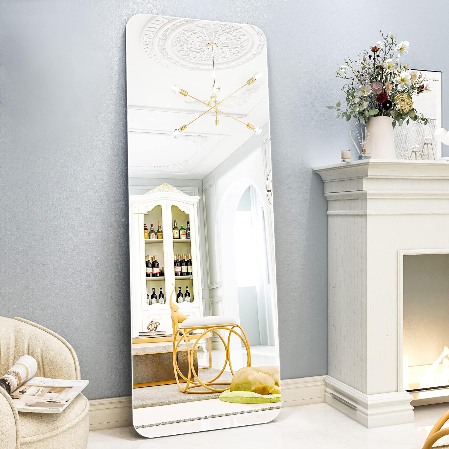 GLSLAND 21x64 Inch Rounded Frameless Full Length Mirror High Definition Full Body Mirror for Bedroom or Living Room