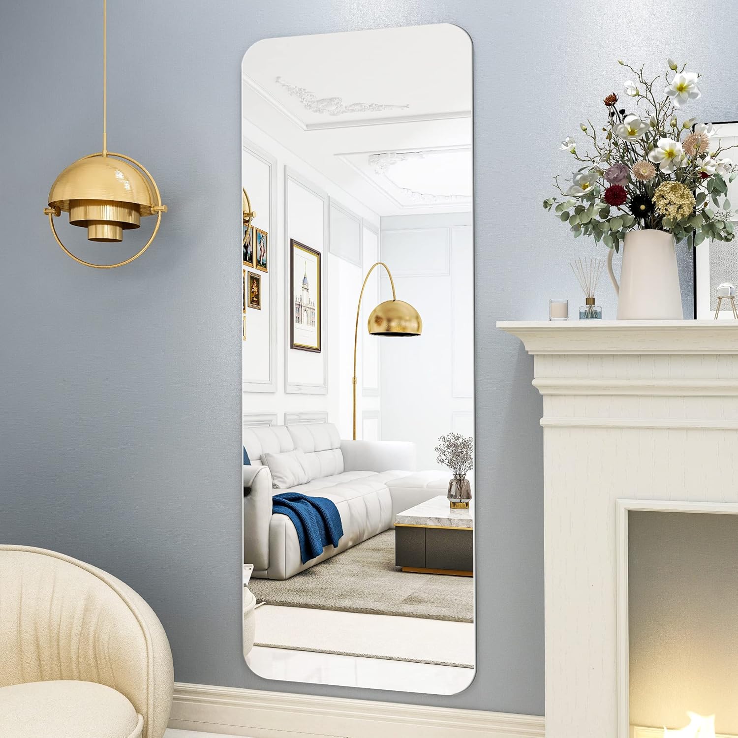 GLSLAND 21x64 Inch Rounded Frameless Full Length Mirror High Definition Full Body Mirror for Bedroom or Living Room