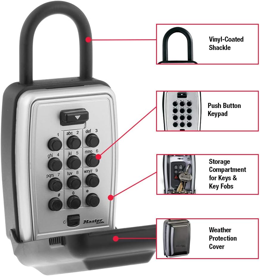 Master Lock Black Outdoor Key Lock Box with Push Buttons to Hide a Key, Easily Set, Share, and Change Combination for Tenants, Guests, Clients, Move Between Listings, 5422E 3-1/2 In. H. x 2-1/4 In. W. x 1 In. D. 1 Pack
