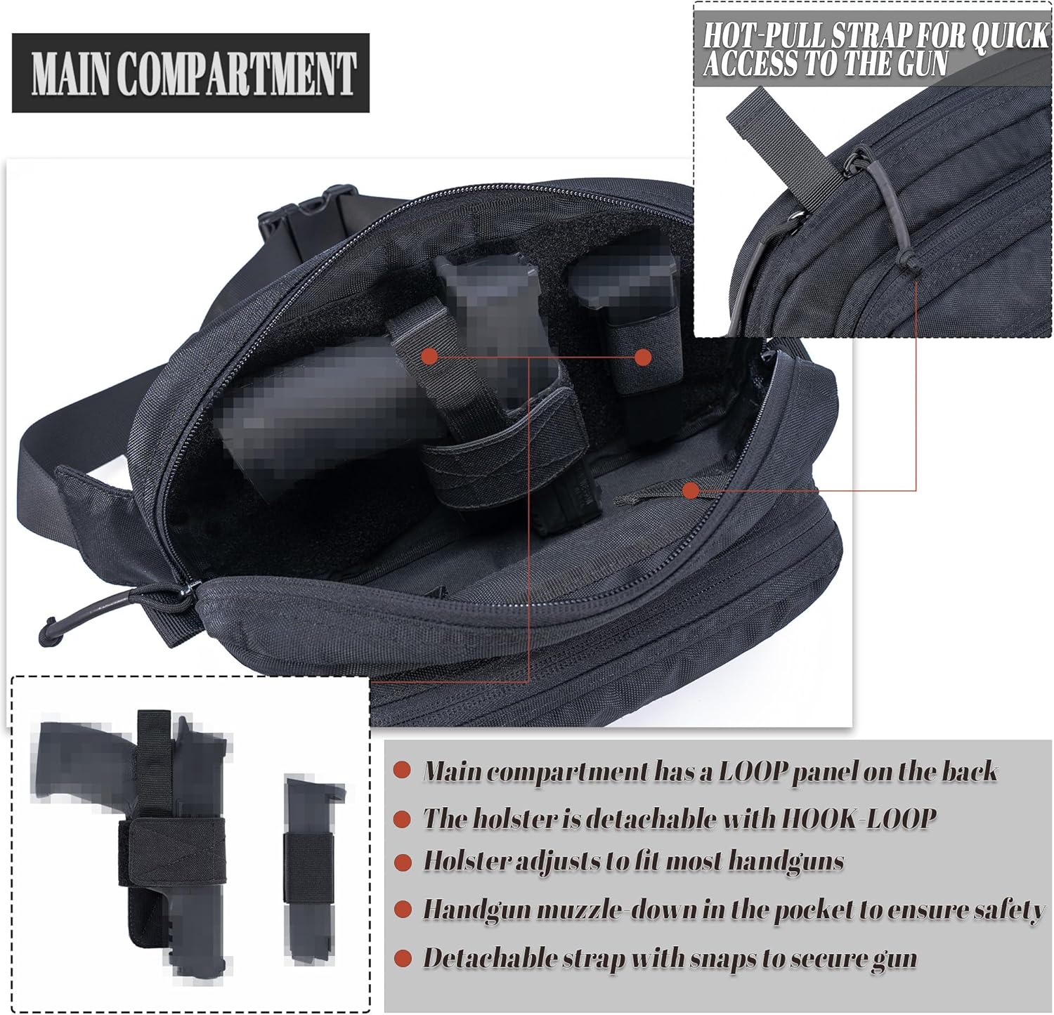 Tactical Fanny Pack for Handgun Pistol Concealed Carry, Quick Access Waist Bag for Everyday Gear EDC Outdoor Hiking with Gun Holster Black