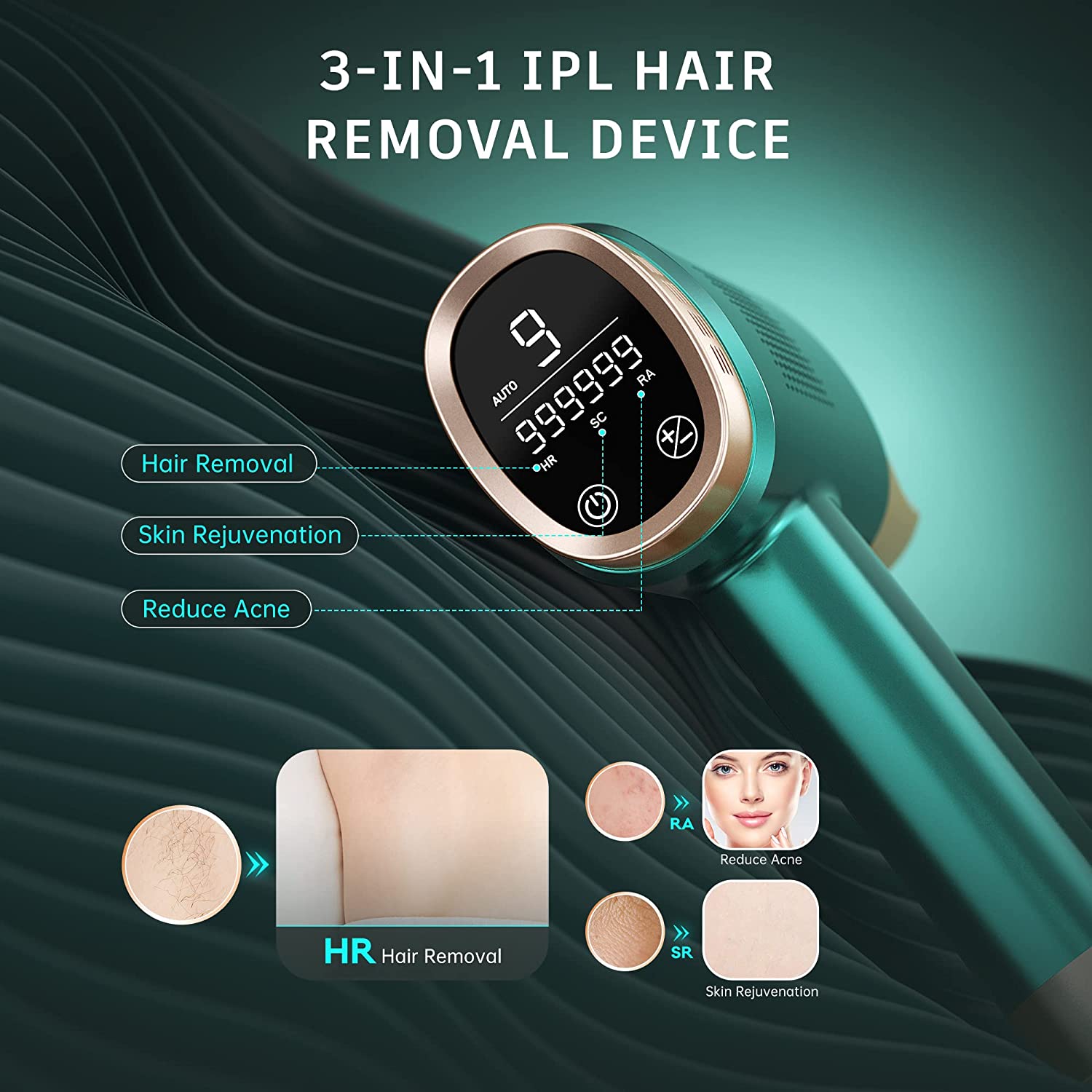 At-Home IPL Hair Removal for Women and Men Laser Permanent Hair Removal, 999,999 Flashes Gift Idea, Face, Arm, Leg Whole Body Use,Hair Remover Device. Green