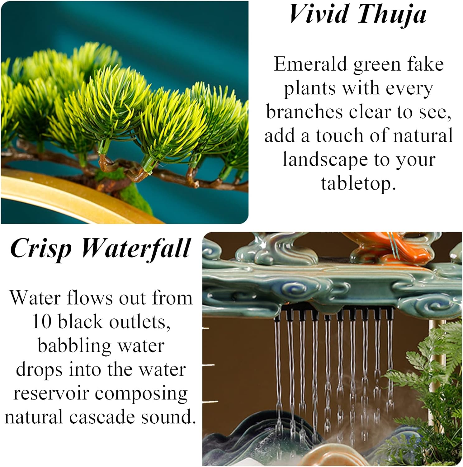 Peacock Water Fountains Indoor Tabletop Waterfall with LED Light Desktop Fountain for Meditation with Mist Japanese Fountain with Fake Plants Feng Shui Office Home Decor for Good Luck Wealth